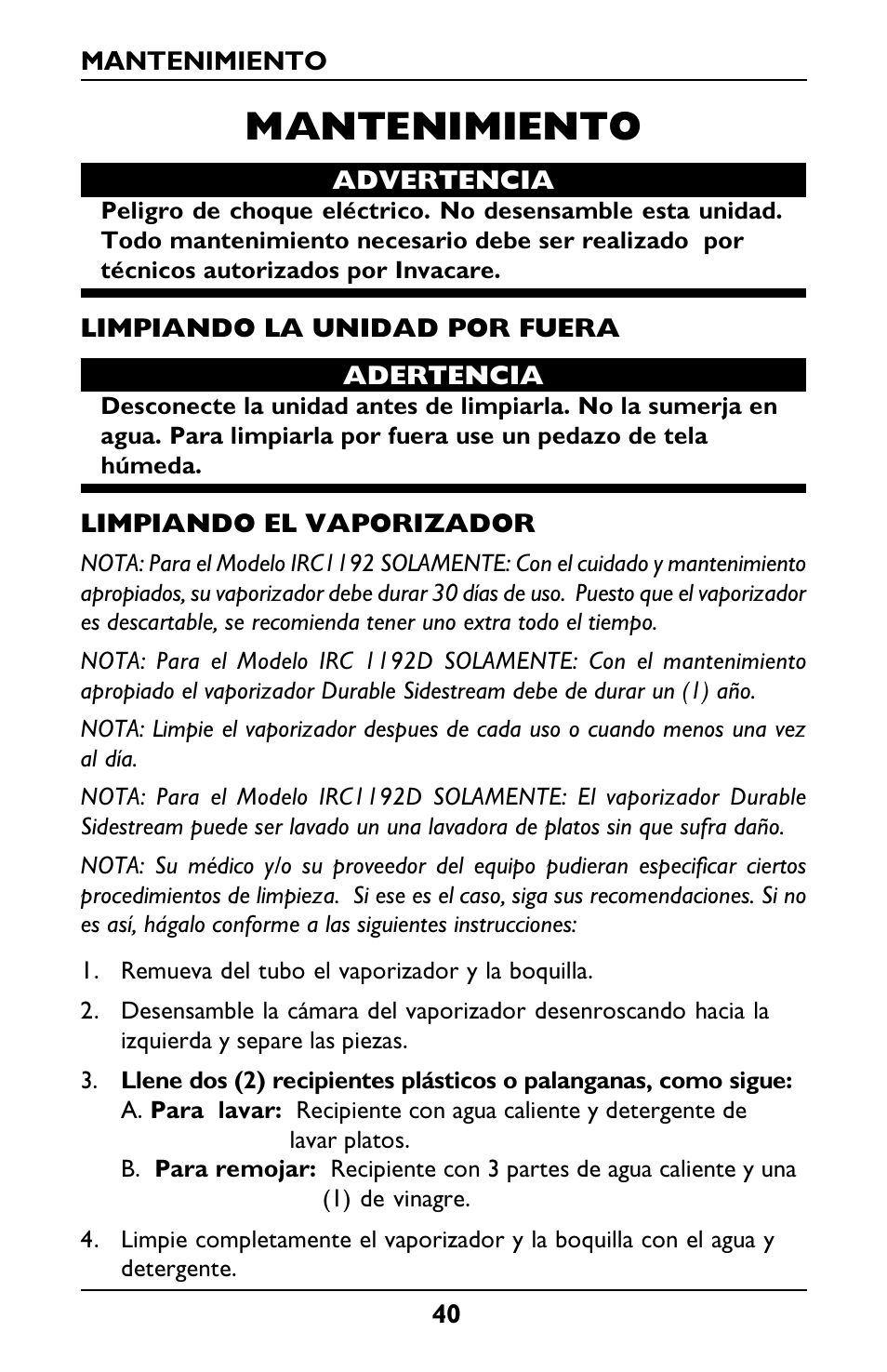 Mantenimiento | Invacare Envoy User Manual | Page 40 / 44