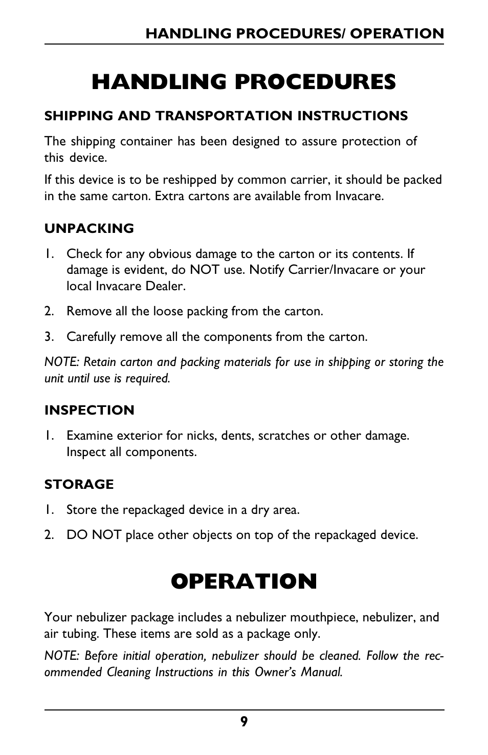 Handling procedures, Operation | Invacare Envoy User Manual | Page 9 / 44