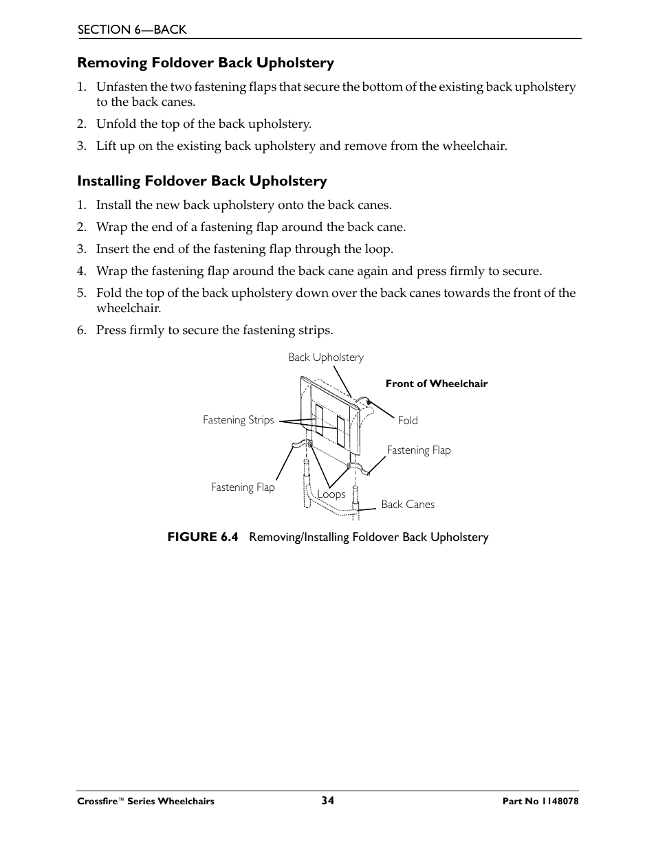 Removing foldover back upholstery, Installing foldover back upholstery | Invacare CROSSFIRE T6 User Manual | Page 34 / 60