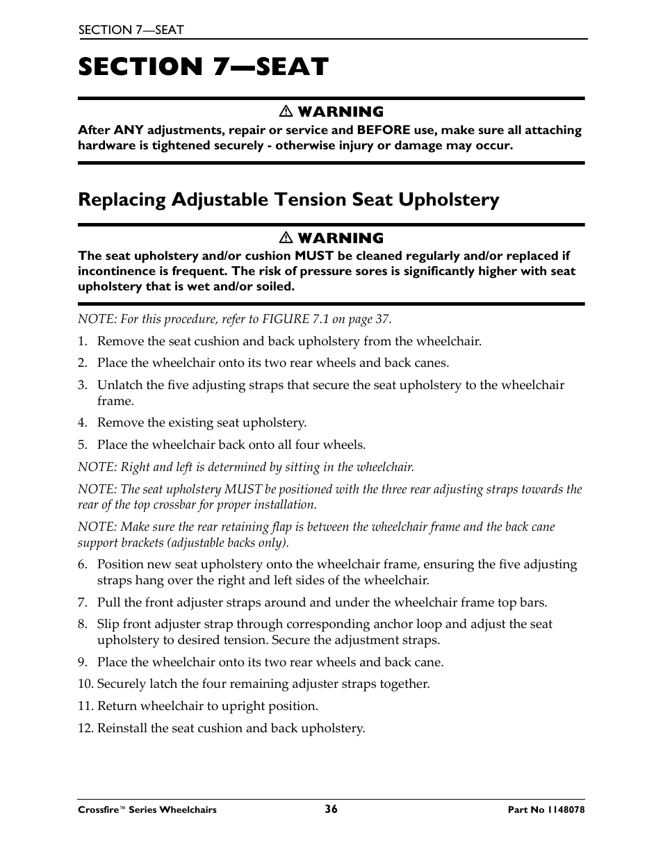 Replacing adjustable tension seat upholstery | Invacare CROSSFIRE T6 User Manual | Page 36 / 60