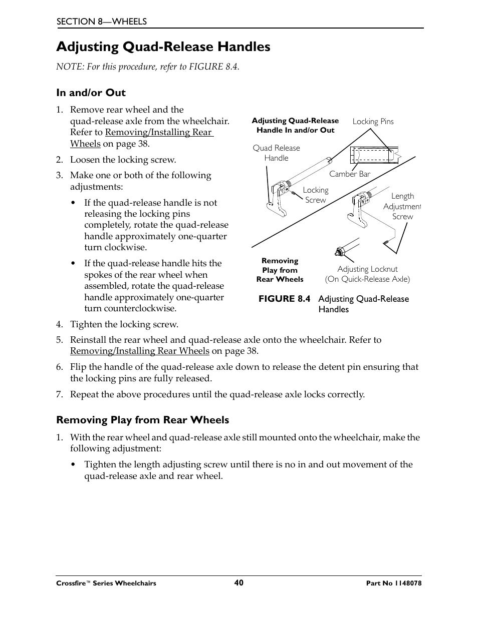Adjusting quad-release handles | Invacare CROSSFIRE T6 User Manual | Page 40 / 60
