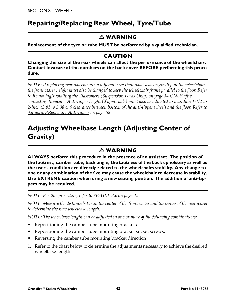 Repairing/replacing rear wheel, tyre/tube | Invacare CROSSFIRE T6 User Manual | Page 42 / 60