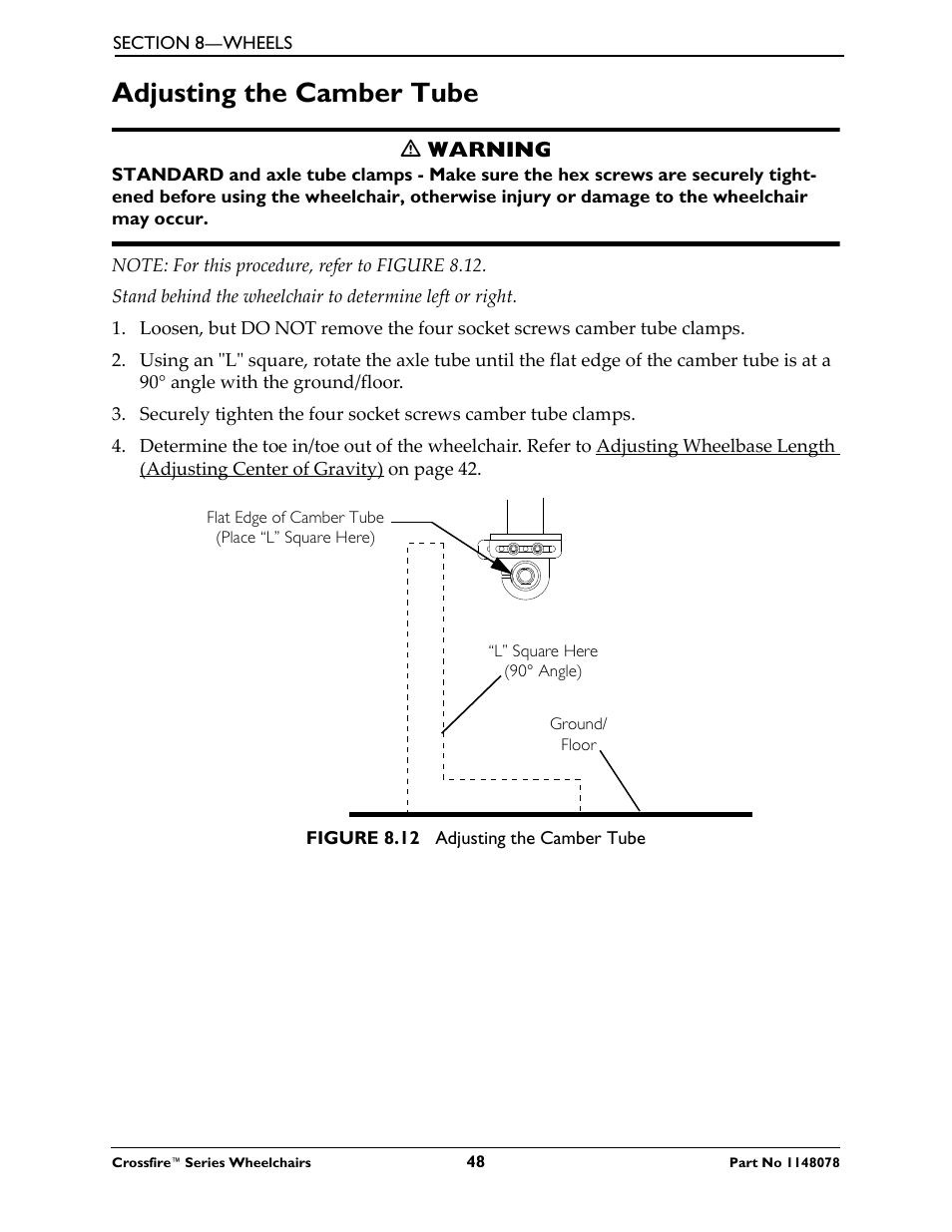Adjusting the camber tube | Invacare CROSSFIRE T6 User Manual | Page 48 / 60