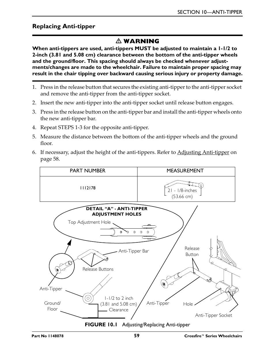 Replacing anti-tipper ƽ warning | Invacare CROSSFIRE T6 User Manual | Page 59 / 60