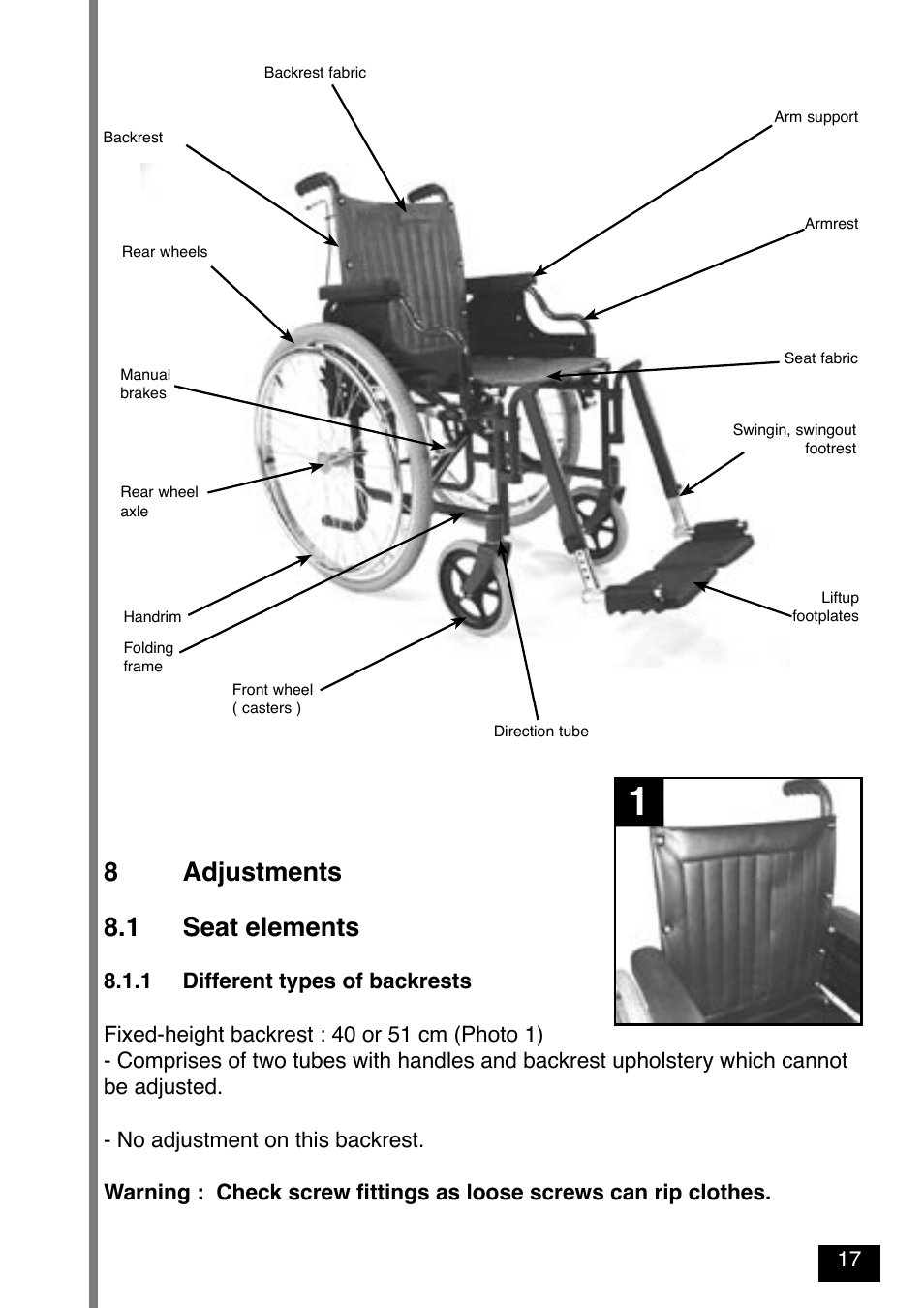 8adjustments 8.1 seat elements | Invacare Variance Plus User Manual | Page 19 / 36