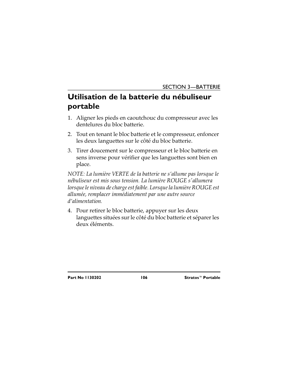 Utilisation de la batterie du nébuliseur portable | Invacare IRC 1720 User Manual | Page 106 / 124