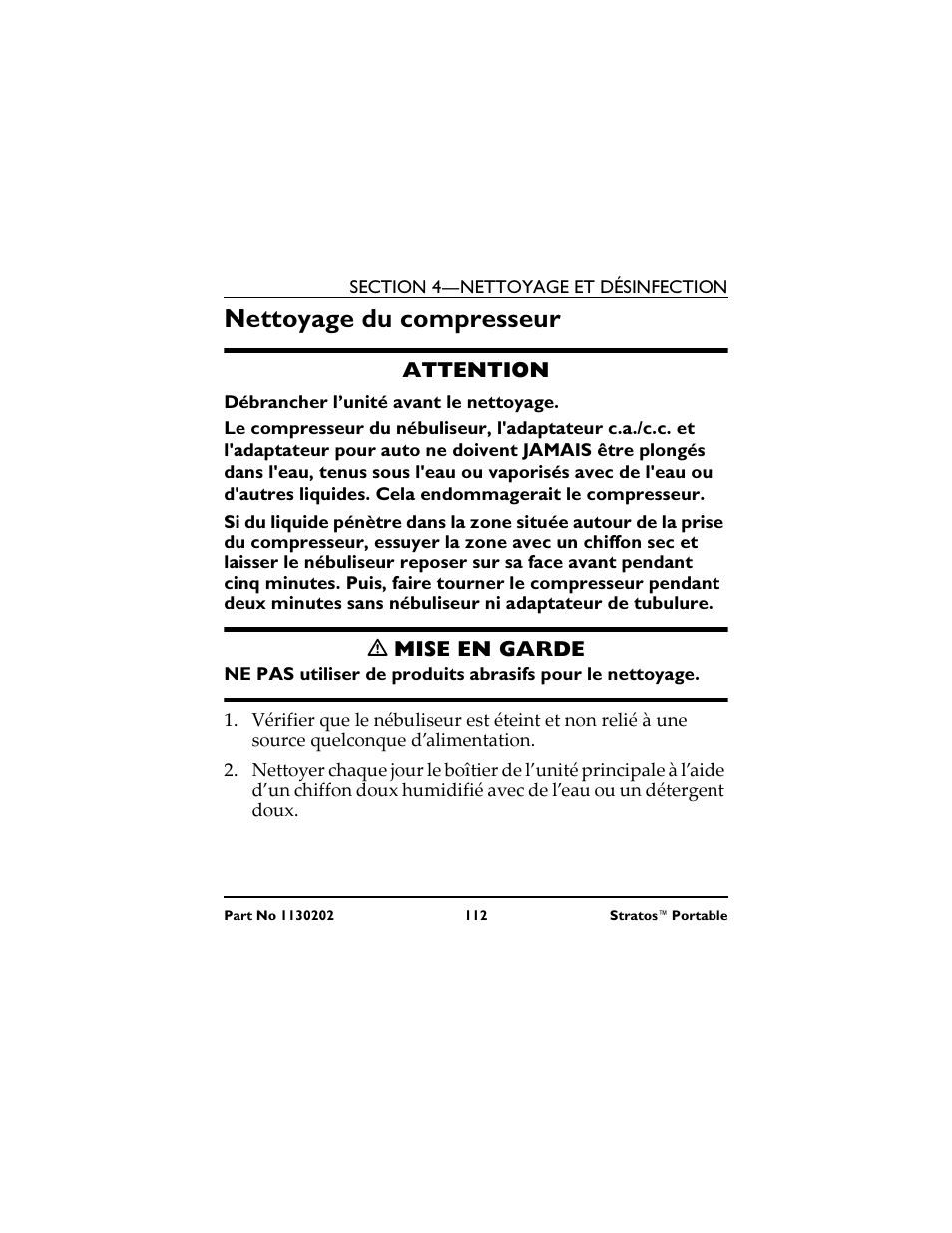 Nettoyage du compresseur | Invacare IRC 1720 User Manual | Page 112 / 124