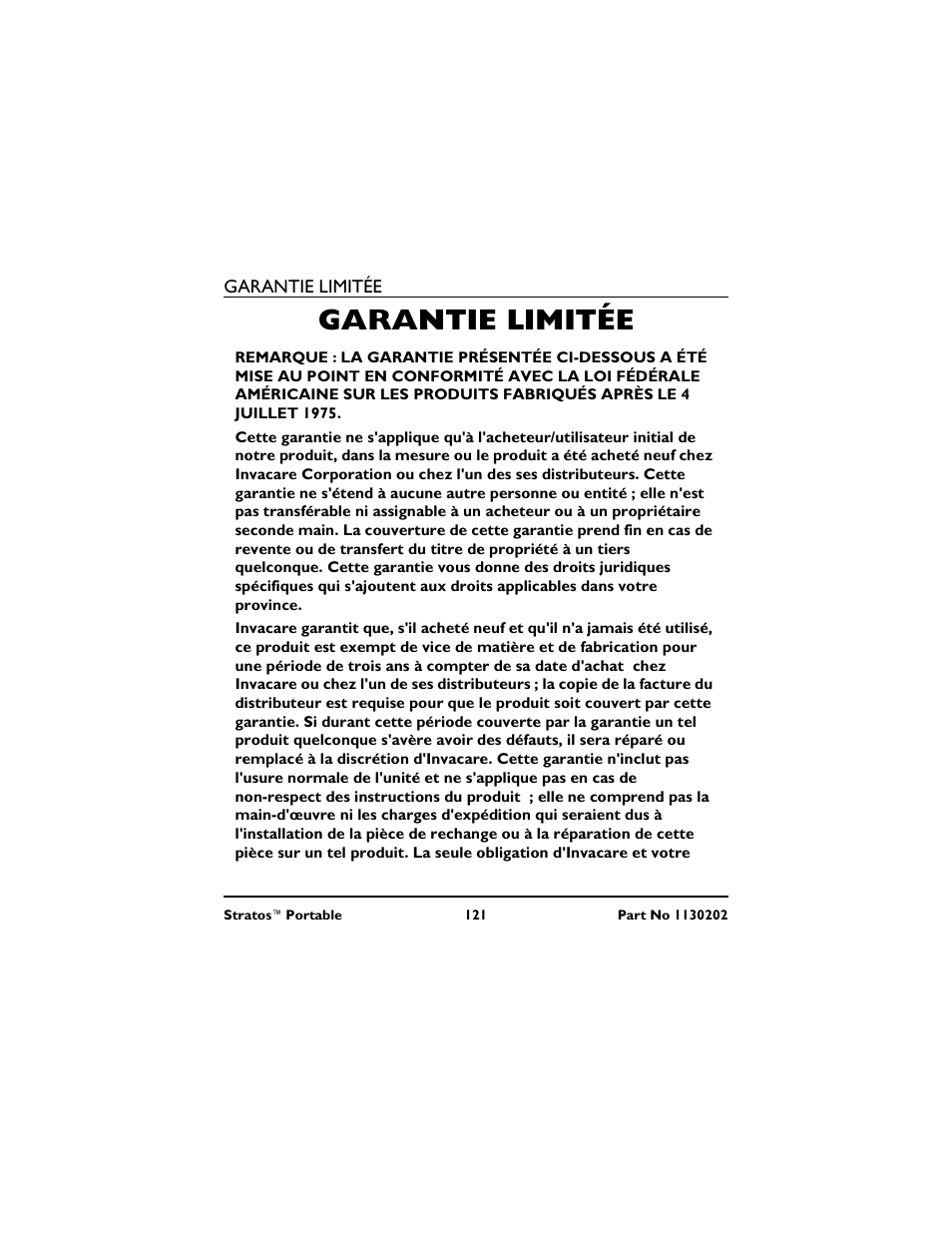 Garantie limitée | Invacare IRC 1720 User Manual | Page 121 / 124