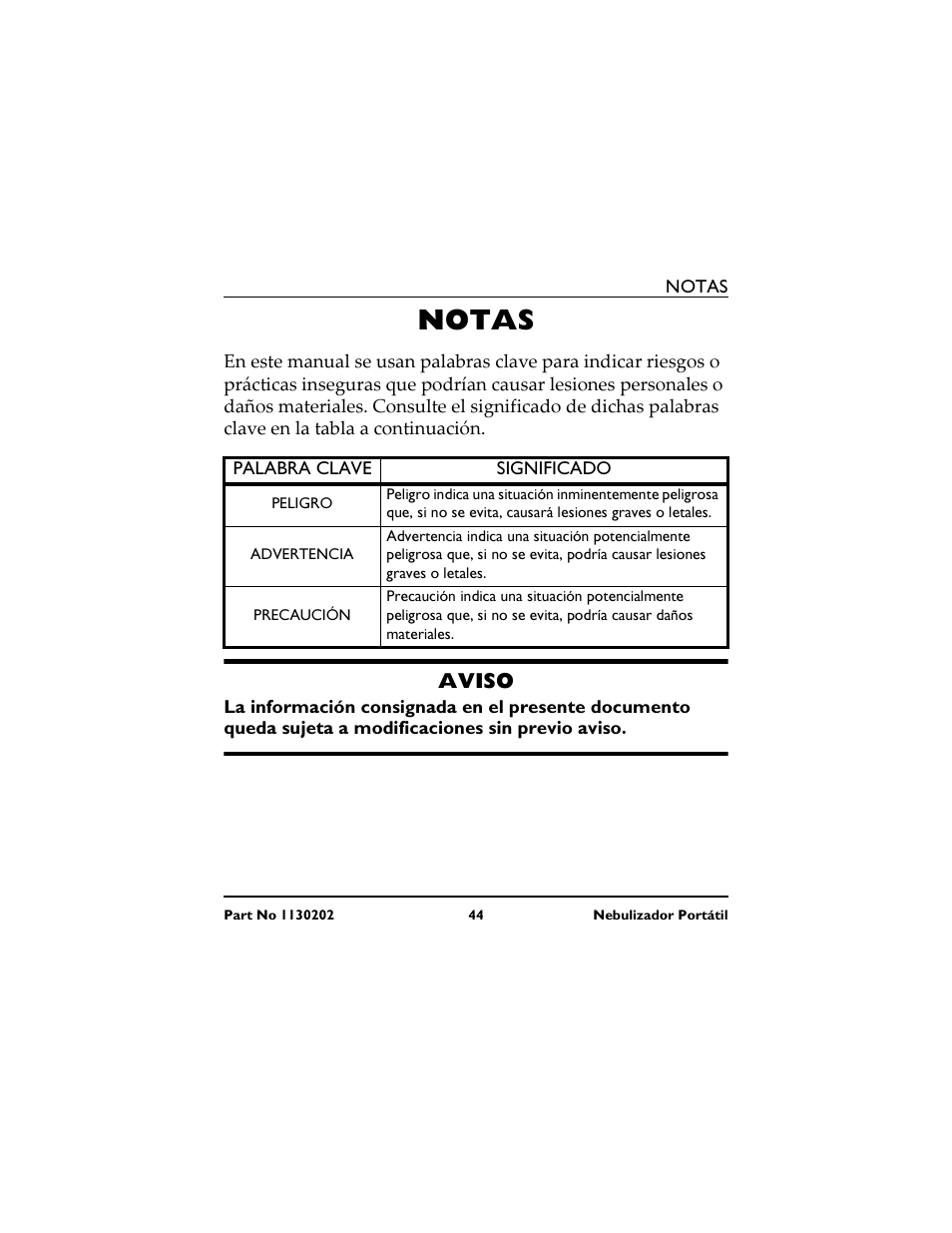 Palabra clave, Significado, Notas | Aviso | Invacare IRC 1720 User Manual | Page 44 / 124