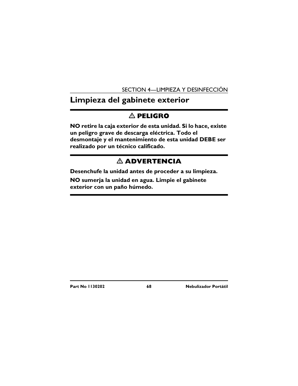 C peligro, Limpieza del gabinete exterior | Invacare IRC 1720 User Manual | Page 68 / 124