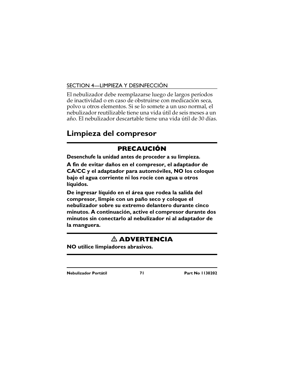 Limpieza del compresor | Invacare IRC 1720 User Manual | Page 71 / 124