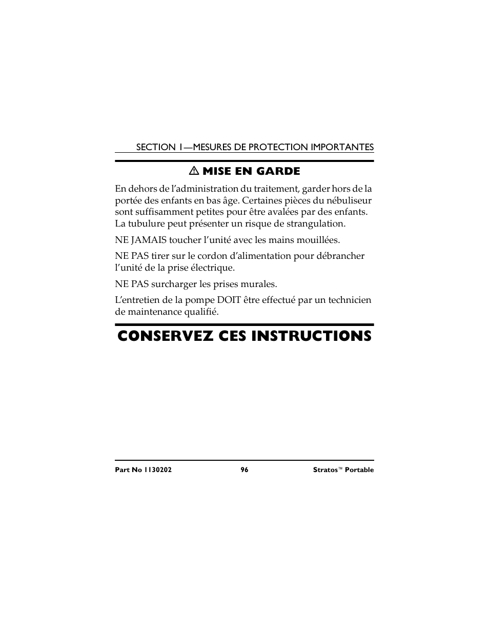 M mise en garde, Conservez ces instructions | Invacare IRC 1720 User Manual | Page 96 / 124