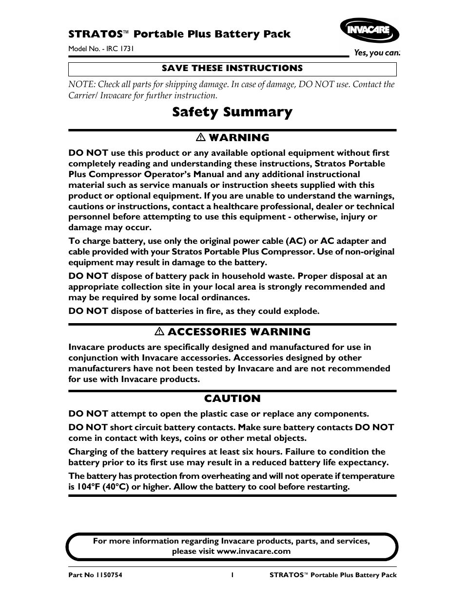 Invacare Stratos Portable Plus Battery Pack IRC 1731 User Manual | 4 pages