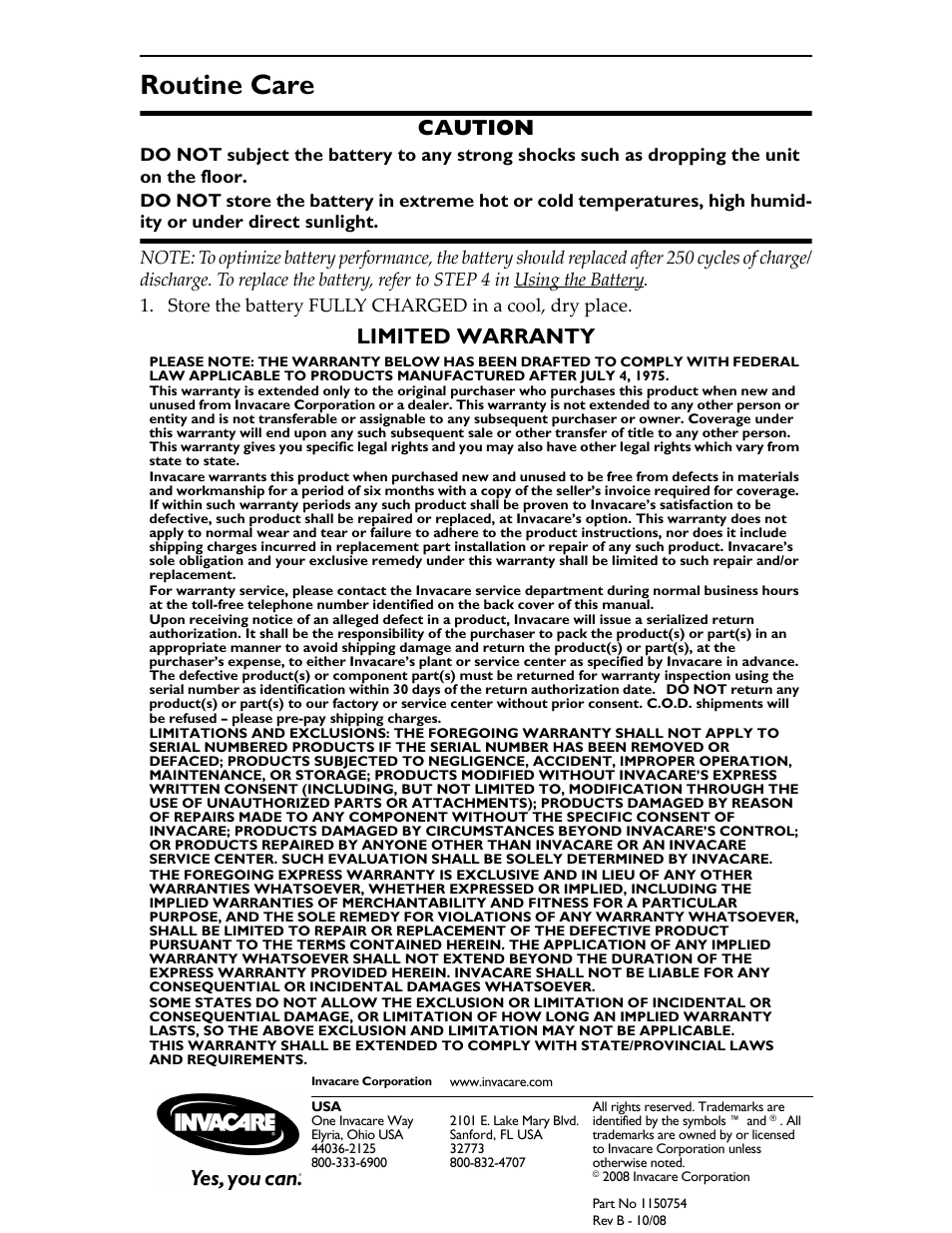 Routine care, Caution, Limited warranty | Invacare Stratos Portable Plus Battery Pack IRC 1731 User Manual | Page 4 / 4