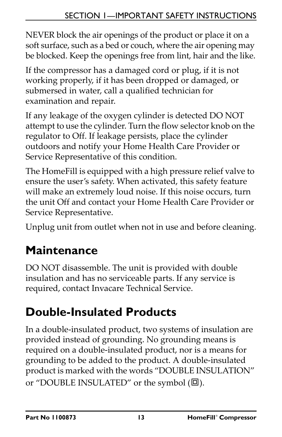 Maintenance, Double-insulated products | Invacare Compressor User Manual | Page 13 / 36