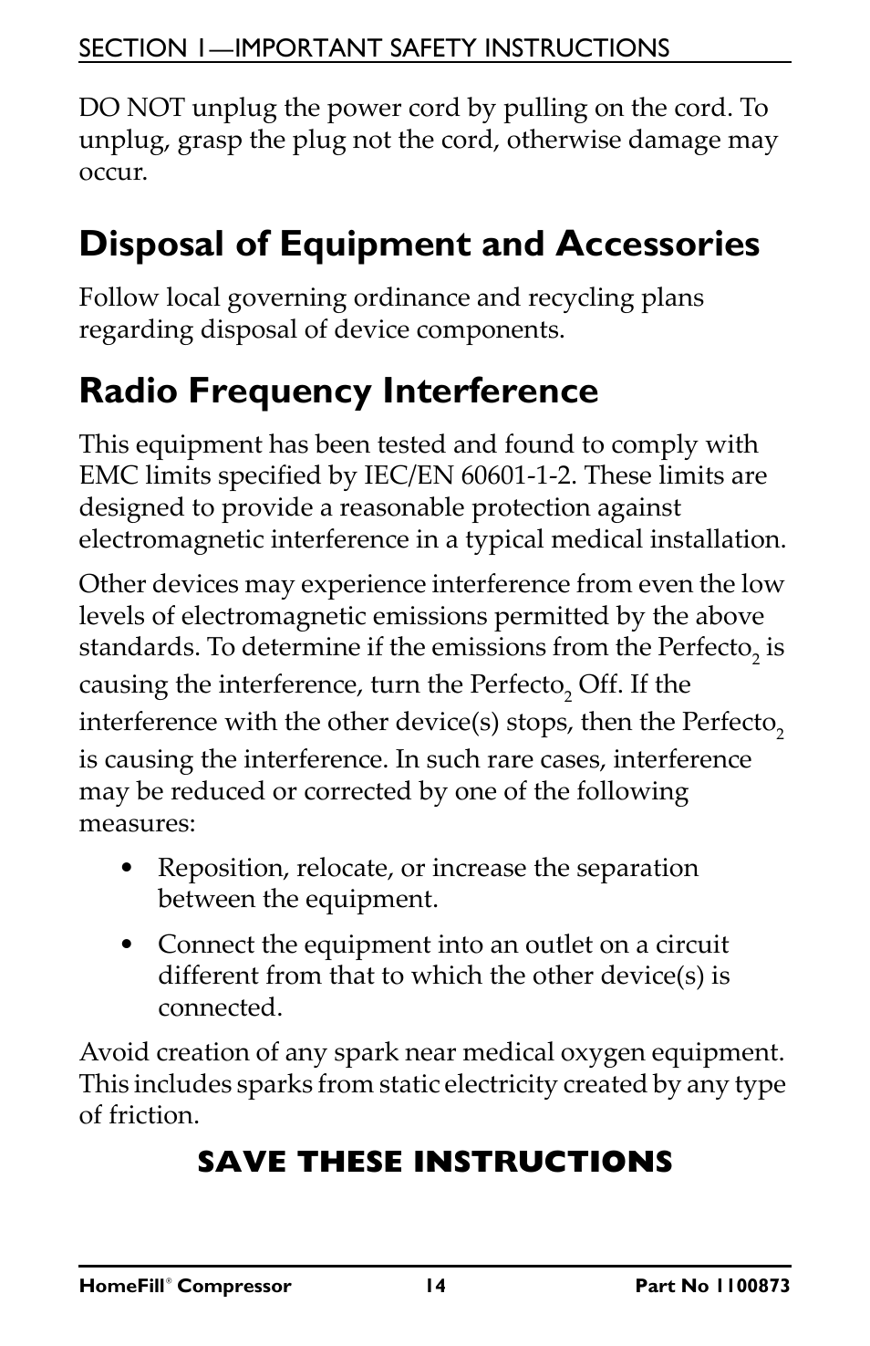 Disposal of equipment and accessories, Radio frequency interference, Save these instructions | Invacare Compressor User Manual | Page 14 / 36