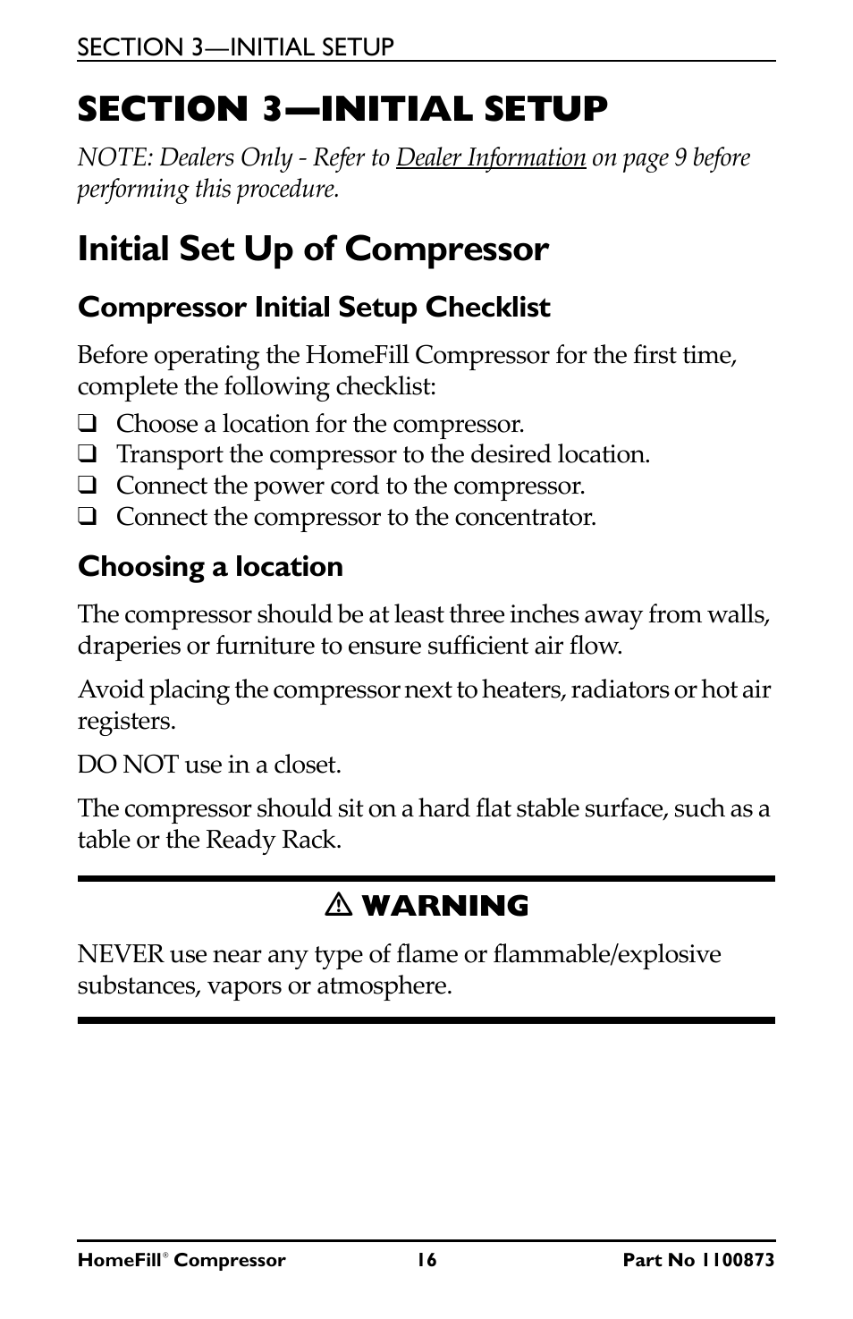 Initial set up of compressor, Compressor initial setup checklist, Choosing a location | Ƽ warning | Invacare Compressor User Manual | Page 16 / 36