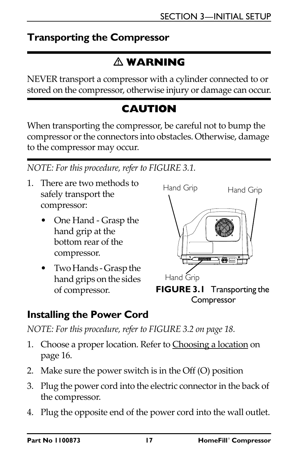 Transporting the compressor ƽ warning, Caution, Installing the power cord | Invacare Compressor User Manual | Page 17 / 36