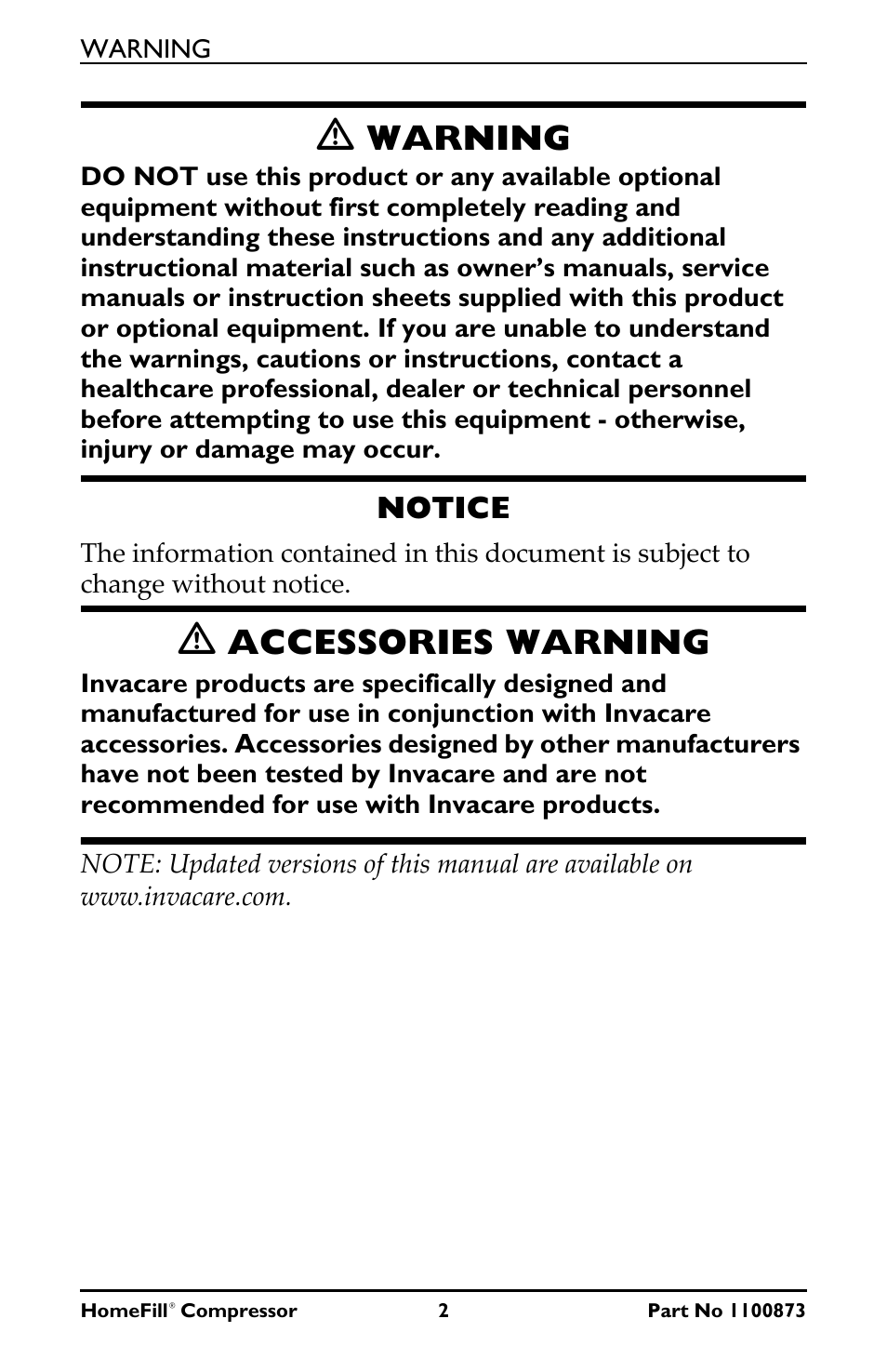 Warning, Accessories warning, Notice | Invacare Compressor User Manual | Page 2 / 36