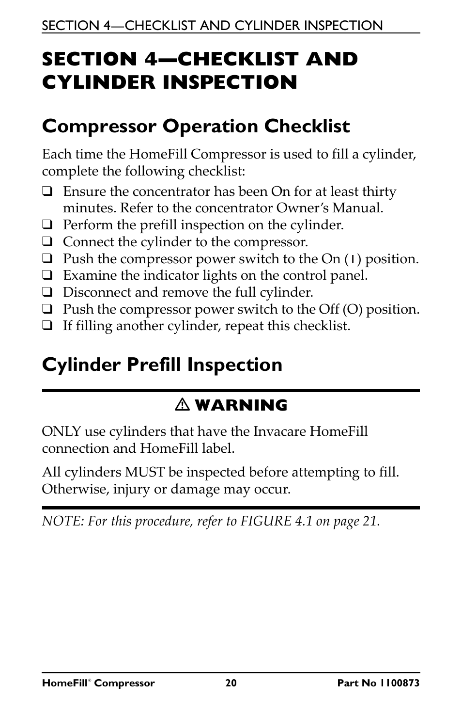 Cylinder prefill inspection, Ƽ warning | Invacare Compressor User Manual | Page 20 / 36