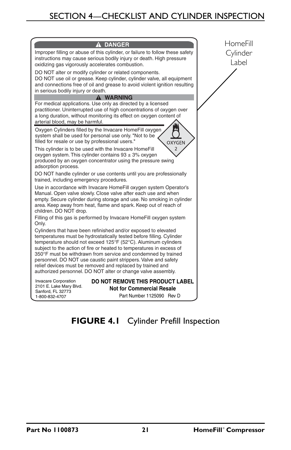 Figure 4.1 cylinder prefill inspection, Homefill cylinder label | Invacare Compressor User Manual | Page 21 / 36