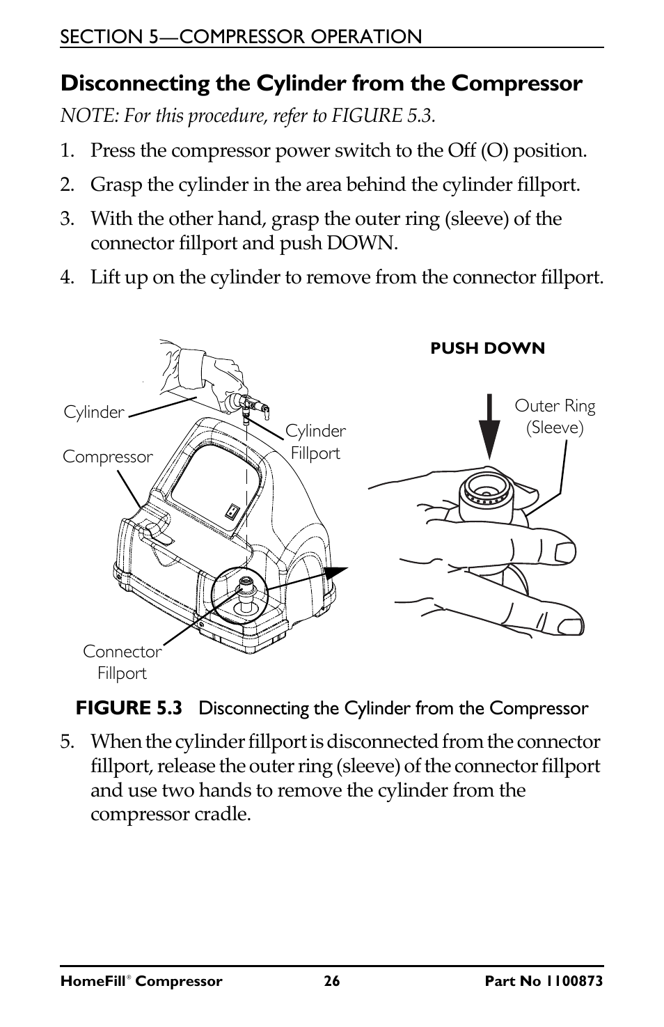 Disconnecting the cylinder from the compressor | Invacare Compressor User Manual | Page 26 / 36