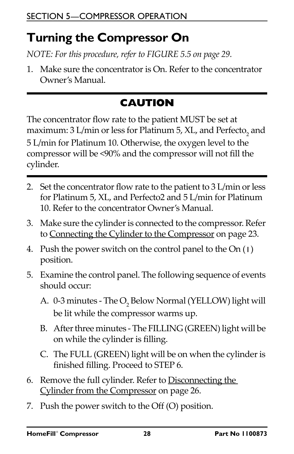 Turning the compressor on, Caution | Invacare Compressor User Manual | Page 28 / 36