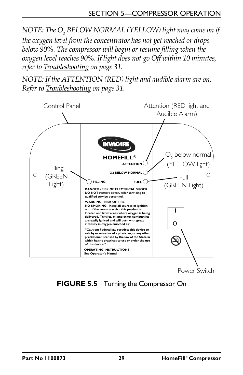Attention (red light and audible alarm) o | Invacare Compressor User Manual | Page 29 / 36