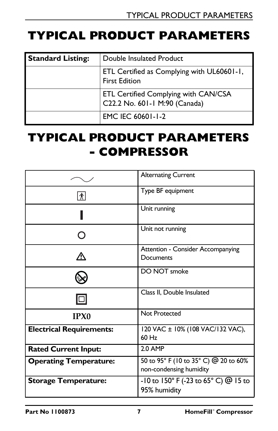 Typical product parameters, Typical product parameters - compressor | Invacare Compressor User Manual | Page 7 / 36