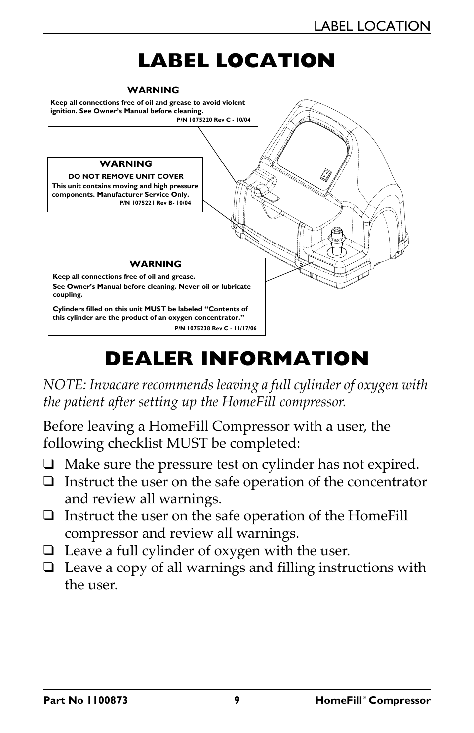 Label location dealer information, Label location | Invacare Compressor User Manual | Page 9 / 36