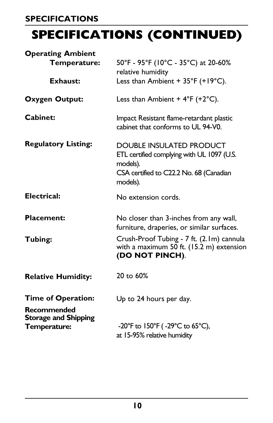 Specifications (continued) | Invacare IRC5LXO2 User Manual | Page 10 / 44