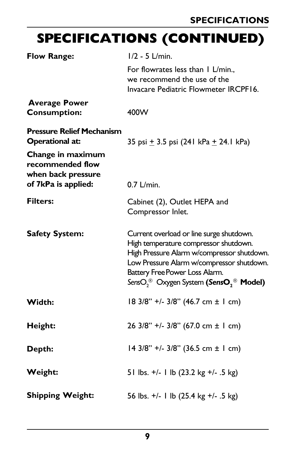 Specifications (continued) | Invacare IRC5LXO2 User Manual | Page 9 / 44