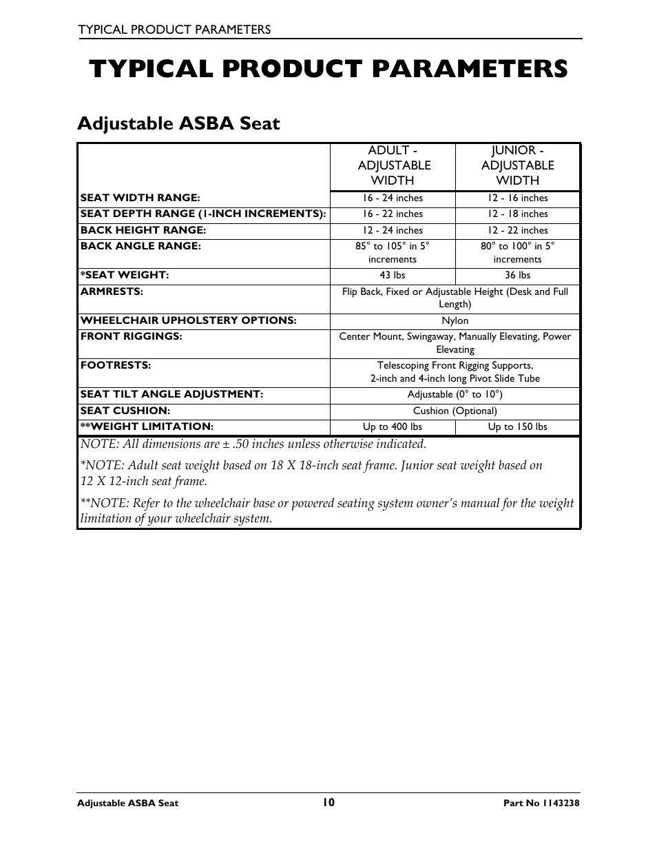 Typical product parameters, Adjustable asba seat | Invacare Adjustable ASBA Seat User Manual | Page 10 / 76