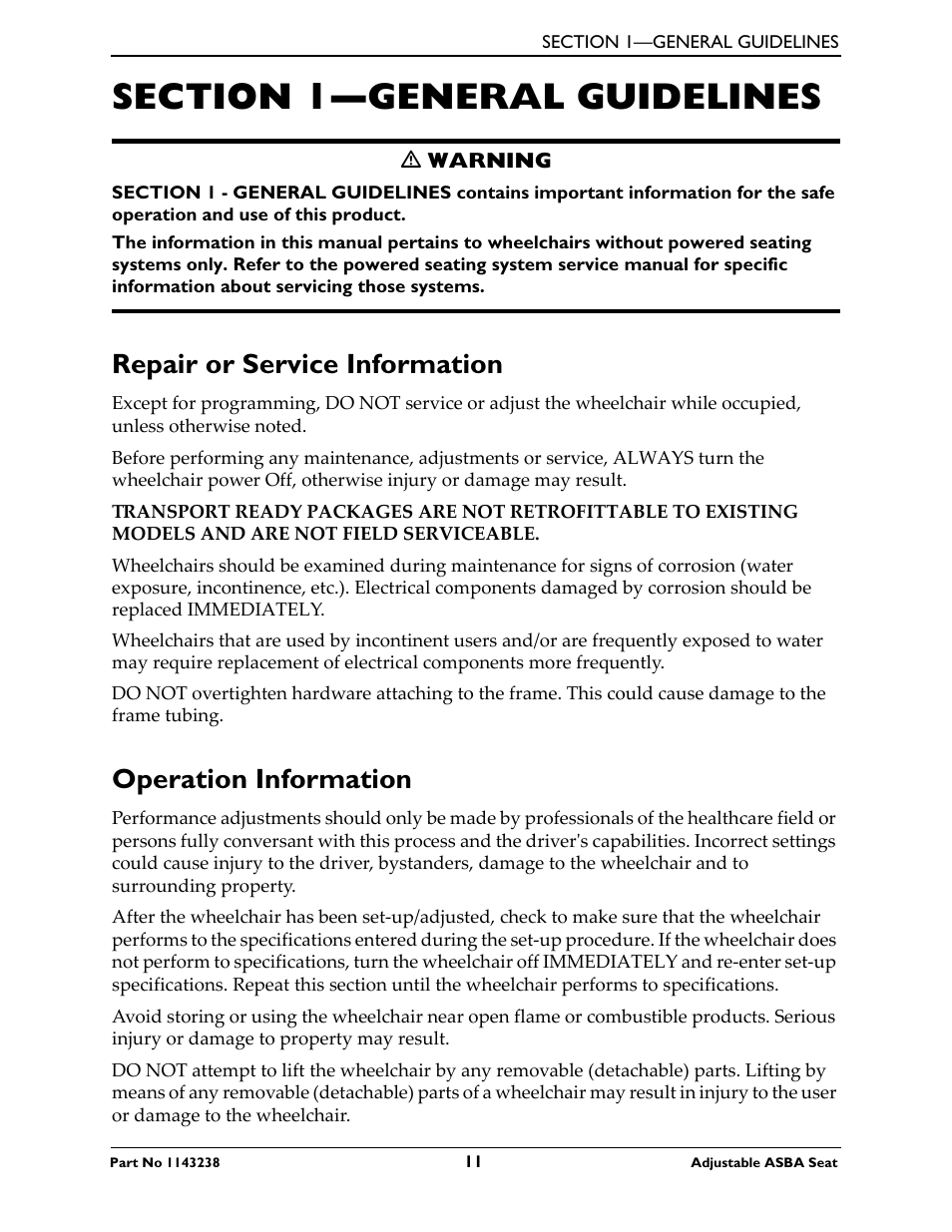 Section 1—general guidelines, Repair or service information, Operation information | Invacare Adjustable ASBA Seat User Manual | Page 11 / 76