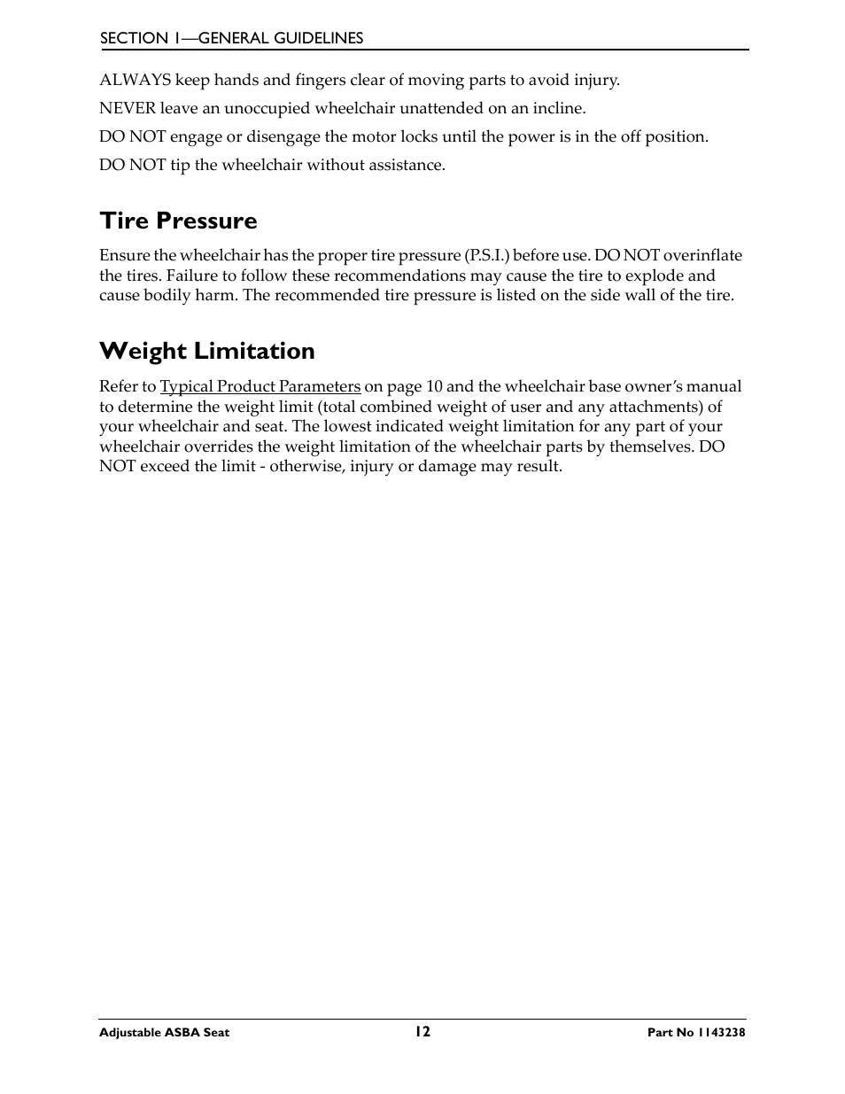 Tire pressure, Weight limitation | Invacare Adjustable ASBA Seat User Manual | Page 12 / 76