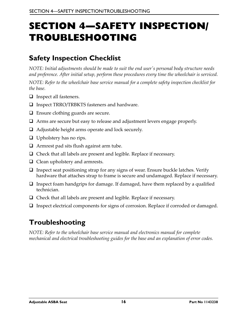 Section 4—safety inspection/troubleshooting, Safety inspection checklist, Troubleshooting | Invacare Adjustable ASBA Seat User Manual | Page 16 / 76