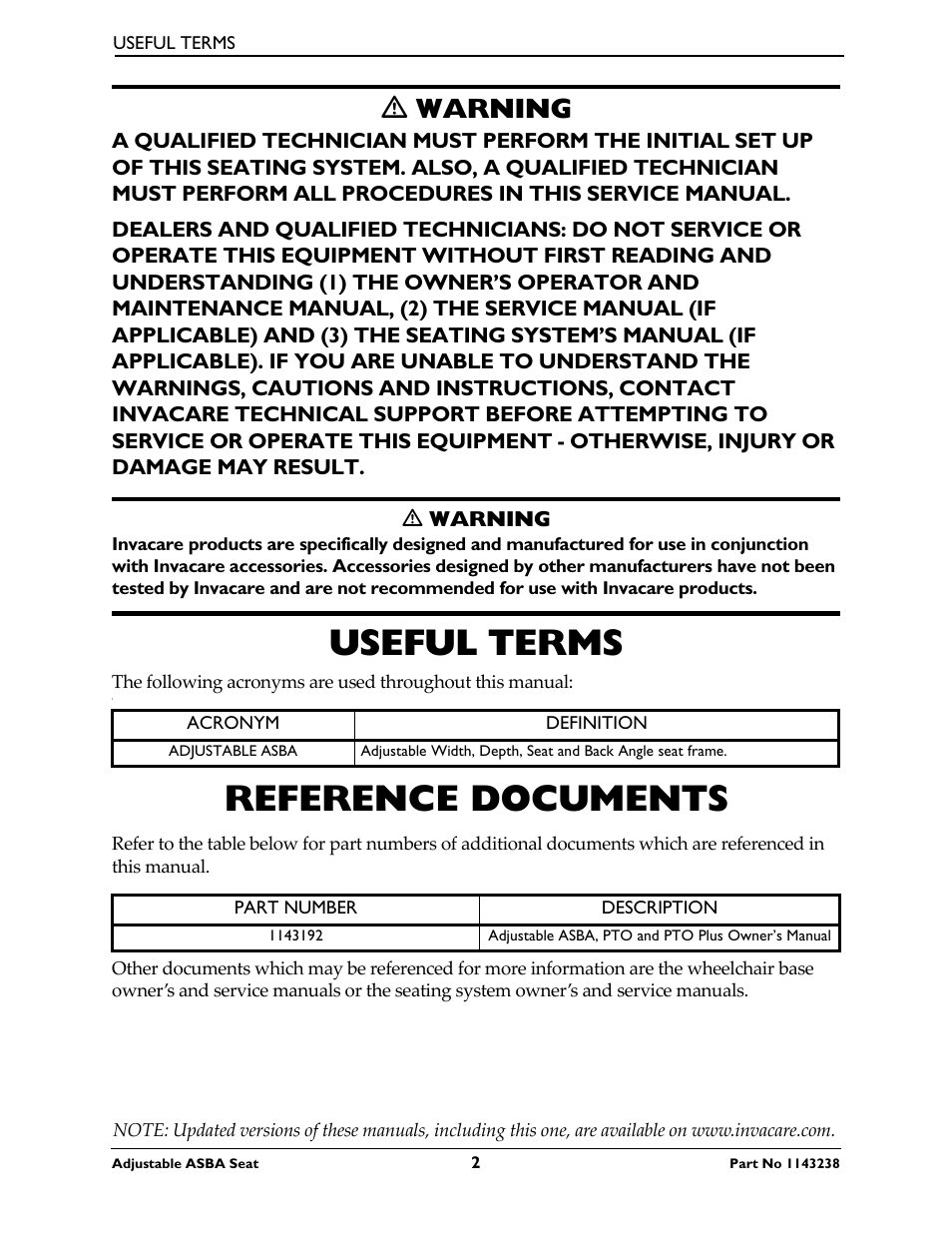 Useful terms, Reference documents, Ƽ warning | Invacare Adjustable ASBA Seat User Manual | Page 2 / 76