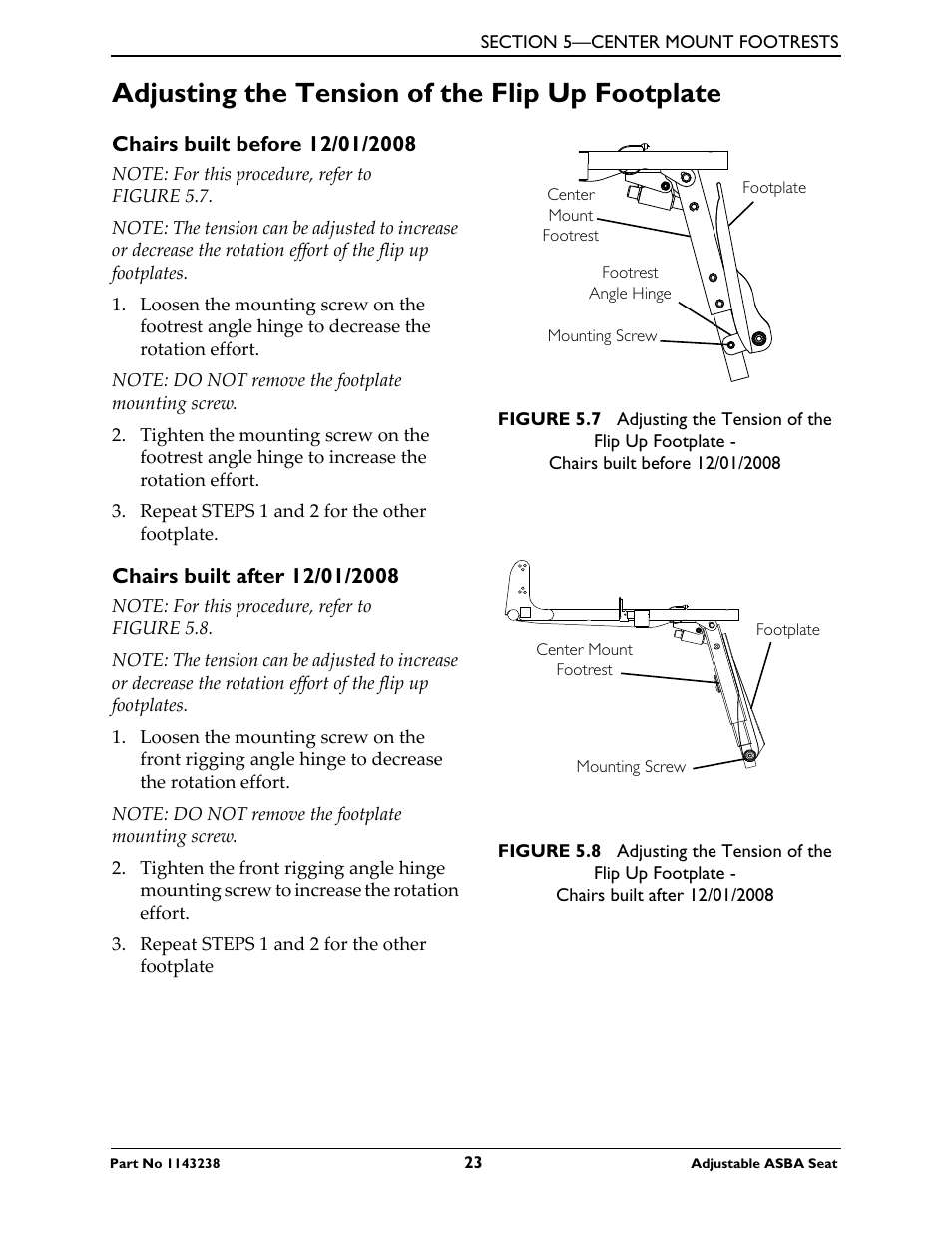 Adjusting the tension of the flip up footplate | Invacare Adjustable ASBA Seat User Manual | Page 23 / 76