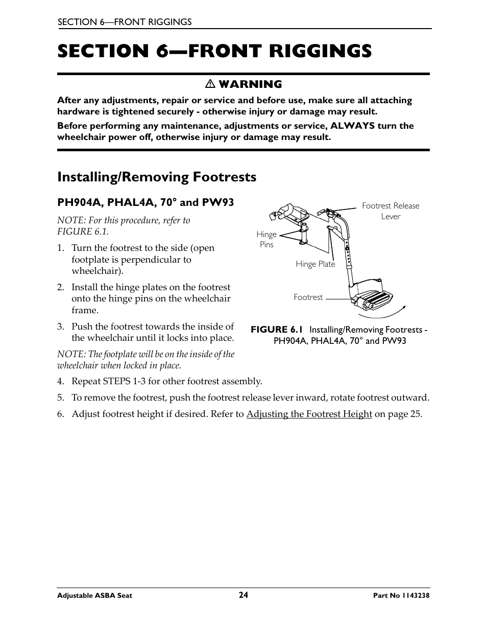 Section 6—front riggings, Installing/removing footrests, Ph904a, phal4a, 70° and | Invacare Adjustable ASBA Seat User Manual | Page 24 / 76