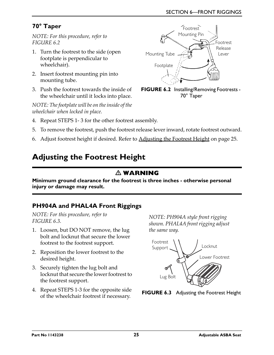 70° taper, Adjusting the footrest height, Ph904a and | Invacare Adjustable ASBA Seat User Manual | Page 25 / 76