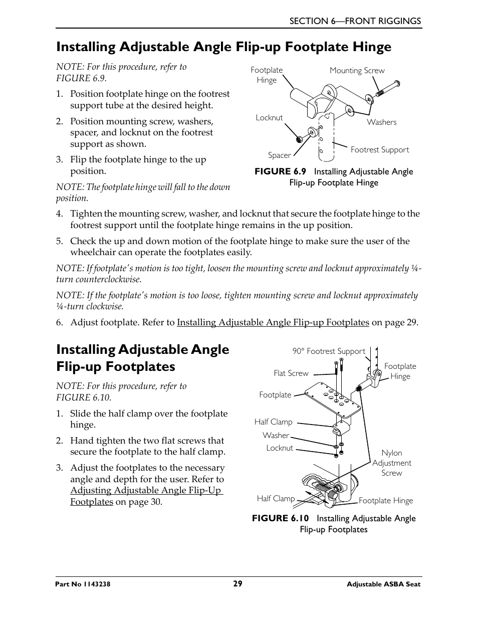 Installing adjustable angle flip-up footplates | Invacare Adjustable ASBA Seat User Manual | Page 29 / 76