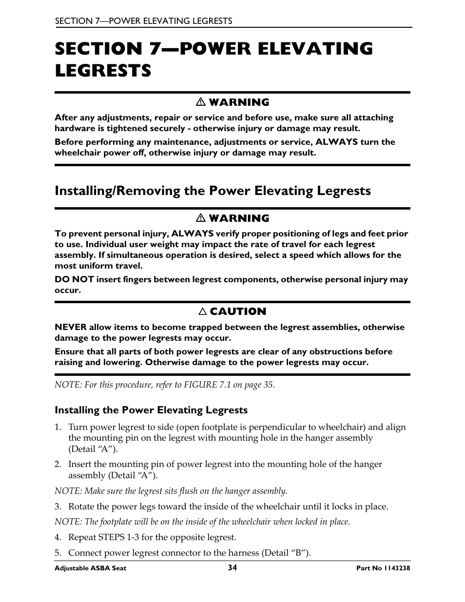 Section 7—power elevating legrests, Installing/removing the power elevating legrests, Installing the power elevating legrests | Invacare Adjustable ASBA Seat User Manual | Page 34 / 76