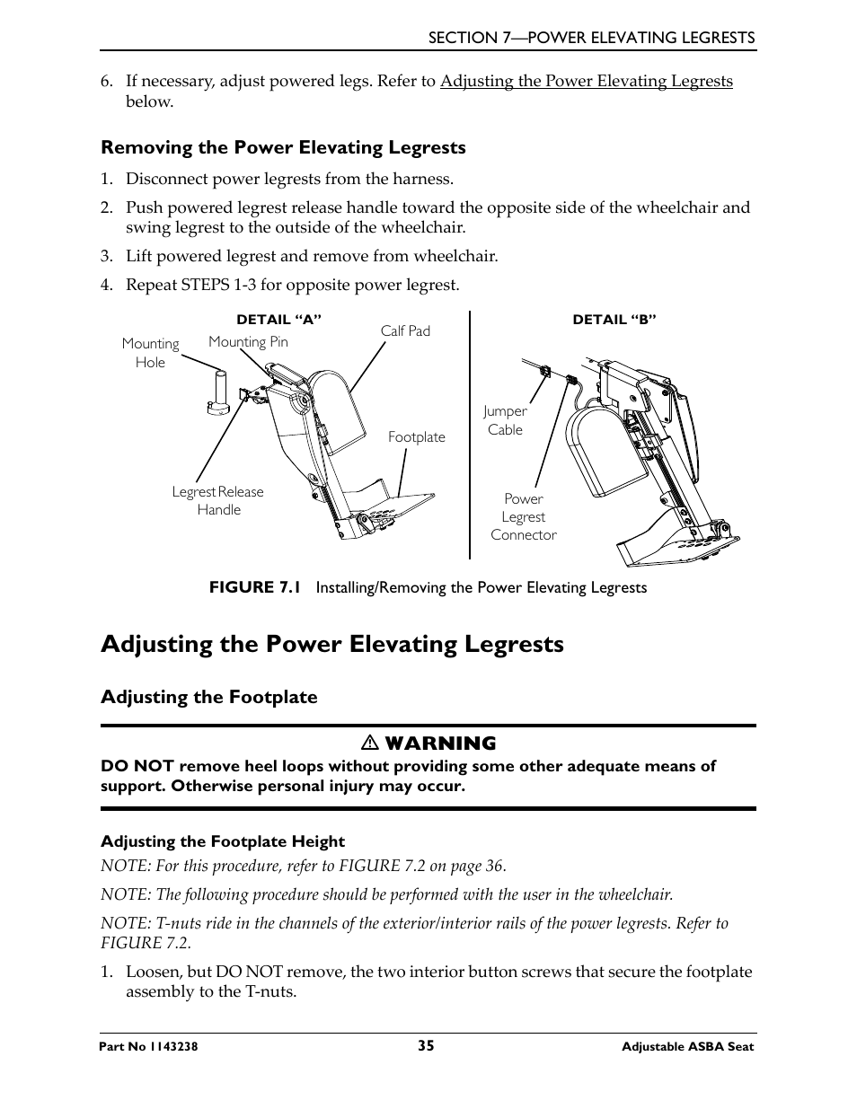Removing the power elevating legrests, Adjusting the power elevating legrests, Adjusting the footplate | Invacare Adjustable ASBA Seat User Manual | Page 35 / 76