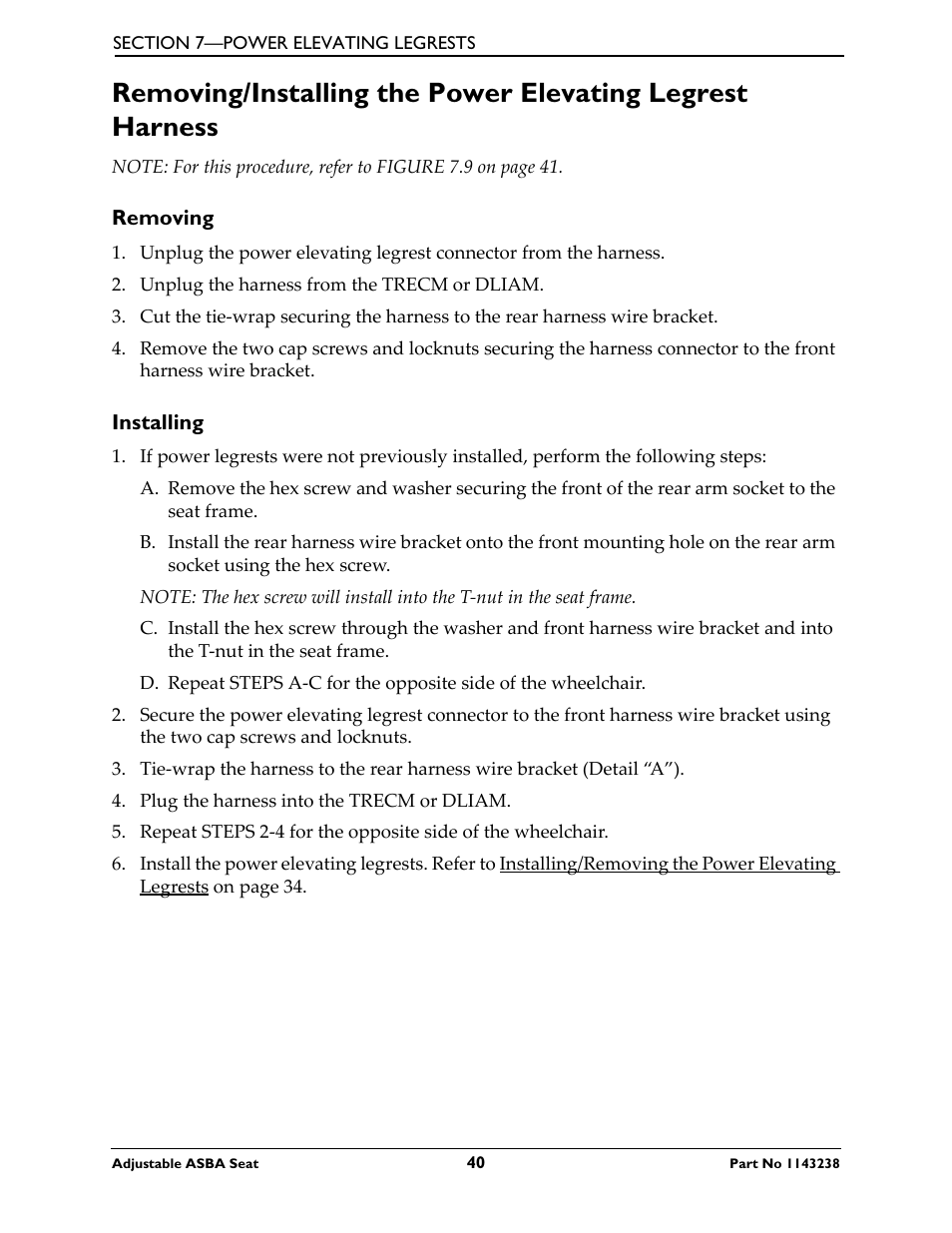 Removing installing | Invacare Adjustable ASBA Seat User Manual | Page 40 / 76