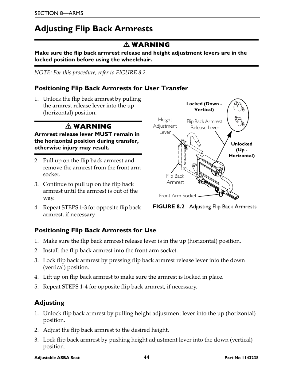 Adjusting flip back armrests | Invacare Adjustable ASBA Seat User Manual | Page 44 / 76