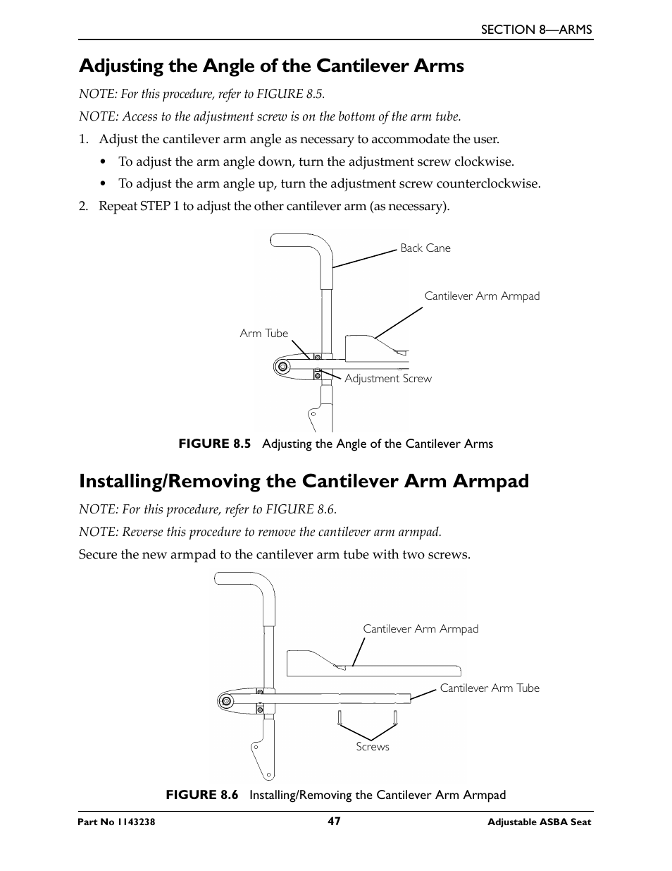 Adjusting the angle of the cantilever arms, Installing/removing the cantilever arm armpad, Refer to adjusting | Invacare Adjustable ASBA Seat User Manual | Page 47 / 76