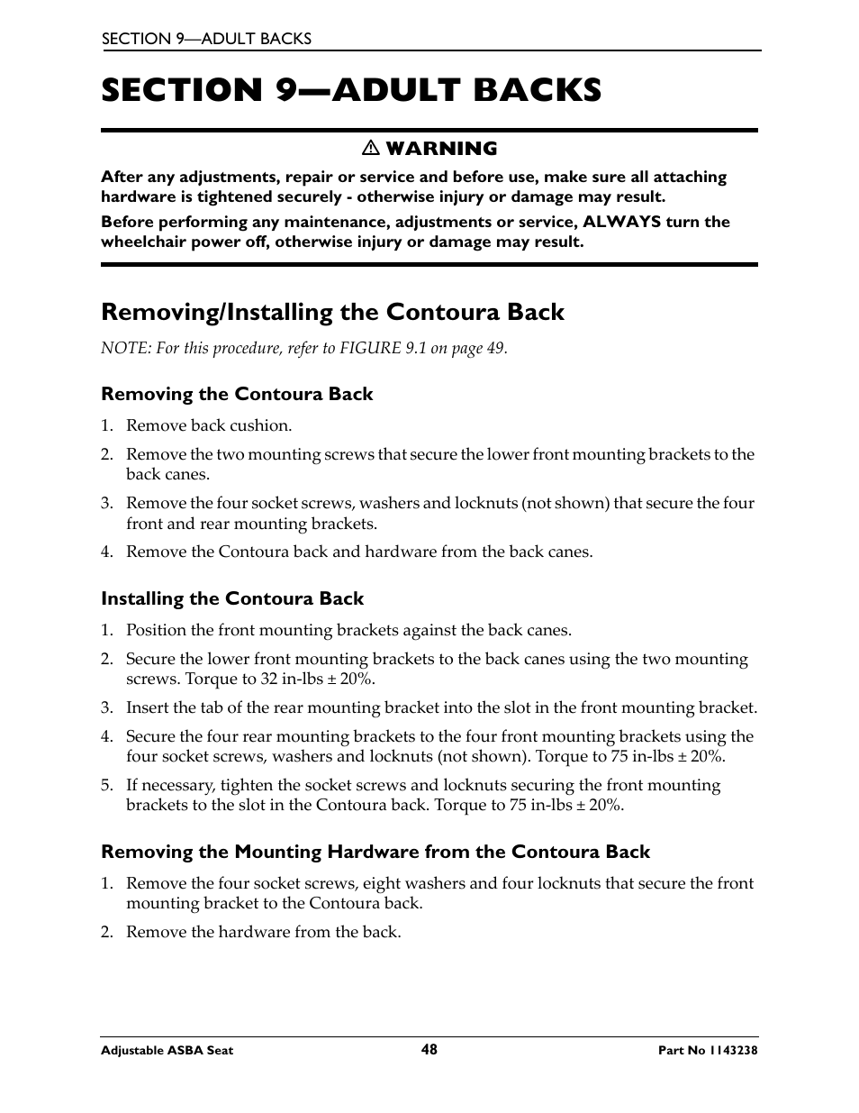 Section 9—adult backs, Removing/installing the contoura back | Invacare Adjustable ASBA Seat User Manual | Page 48 / 76