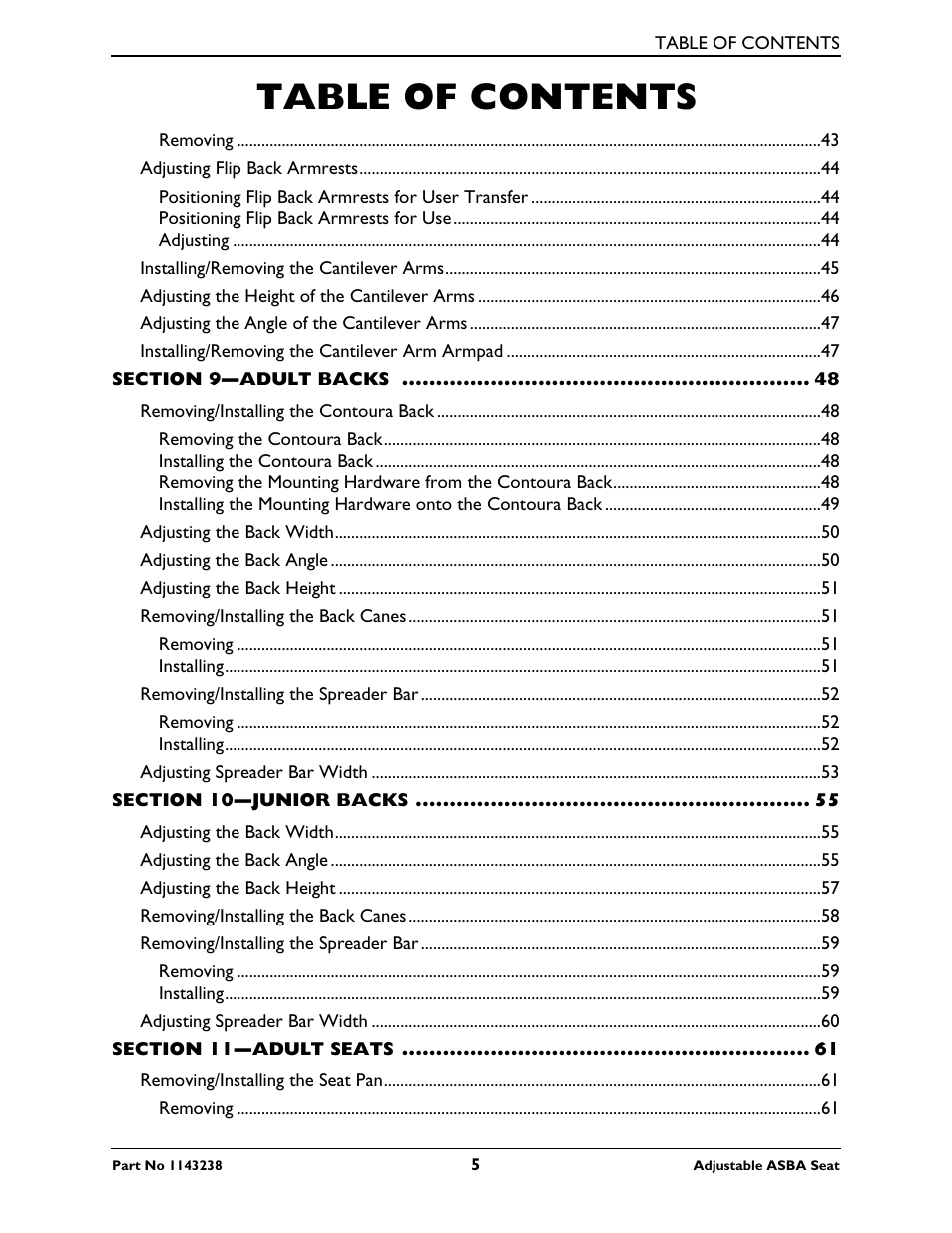Invacare Adjustable ASBA Seat User Manual | Page 5 / 76