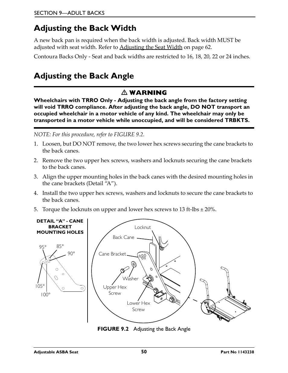 Adjusting the back width, Adjusting the back angle | Invacare Adjustable ASBA Seat User Manual | Page 50 / 76
