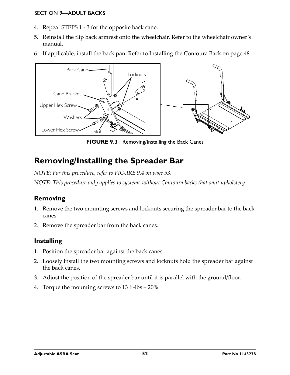 Removing/installing the spreader bar, Removing installing | Invacare Adjustable ASBA Seat User Manual | Page 52 / 76